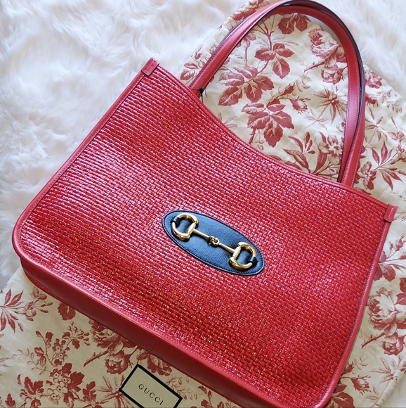 Gucci Handbags - Gucci Red Horsebit 1955 Raffia